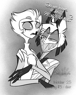 anthro beak bow_tie chest_tuft clenched_teeth clothed clothing dialogue duo evil_grin eyewear fangs feathers hair half-closed_eyes hand_on_shoulder looking_at_another male monocle multi_eye narrowed_eyes open_mouth shirt smile teeth text topwear tuft wide_eyed atimon hazbin_hotel hellaverse helluva_boss alastor_(hazbin_hotel) stolas_(helluva_boss) avian demon 2025 4:5 hi_res signature