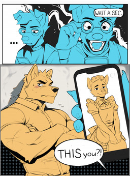 2_panel_comic anthro blush claws clothed clothing dialogue duo electronics ellipsis embarrassed eyewear femboy fur glasses hair holding_object looking_at_viewer maid_uniform male muscular muscular_anthro muscular_male open_mouth phone phone_screen ruined_reputation sharp_teeth simple_background speech_bubble surprised teeth text uniform dekaku_inu yncarne ych_(character) canid canine mammal comic digital_media_(artwork) english_text hi_res