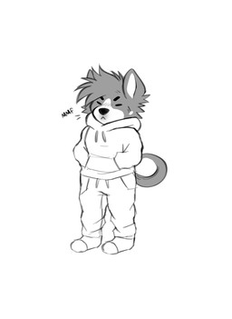 anthro bottomwear cheek_tuft chibi clothed clothing facial_tuft footwear front_view hair hand_in_pocket hoodie male messy_hair pants pockets simple_background simple_eyes socks solo standing topwear tuft princelykaden kaden_(princelykaden) akita canid canine canis domestic_dog mammal spitz hi_res monochrome
