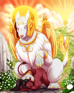 black_hair bodily_fluids duo eyes_closed feathers female feral fur genital_fluids hair heaven horn male male/female outside pink_nose red_body red_skin sex tail tail_feathers teratophilia white_body white_fur witchofavalon canid canine demon humanoid mammal succubus 4:5 hi_res