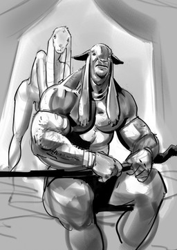 anthro duo fantasy genitals goat_ears larger_male long_ears male musclegut muscular muscular_anthro muscular_male nude_anthro nude_male penis simple_background sitting size_difference slim slim_anthro slim_male staff purplebirdman bovid caprine damascus_goat domestic_goat goat mammal 2026 digital_drawing_(artwork) digital_media_(artwork) hi_res monochrome portrait shaded sketch three-quarter_portrait