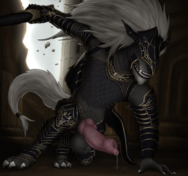 accessory animal_genitalia animal_penis anthro armor balls big_balls big_penis biped black_armor bodily_fluids breastplate canine_genitalia canine_penis claws clothing dripping finger_claws fur furgonomics gauntlets genital_fluids genitals gloves greaves grey_body grey_fur hair handwear headgear helmet huge_balls huge_penis knot male penis precum precum_drip solo spaulder tail tail_accessory toe_claws vein veiny_penis white_hair blakenfen conditional_dnp elden_ring fromsoftware maliketh_(elden_ring) canid canine canis mammal wolf 2022 absurd_res digital_media_(artwork) hi_res
