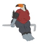 anthro beak belly big_belly big_breasts black_beak black_body black_fur blue_eyes bottomwear breasts clothed clothing female fur grey_bottomwear grey_clothing grey_pants huge_breasts mouth_closed multicolored_beak nipple_outline orange_beak overweight overweight_anthro overweight_female pants red_clothing red_shirt red_t-shirt red_topwear shirt simple_background sitting solo t-shirt three-quarter_view topwear two_tone_beak unsigned white_background white_body white_fur upai avian bird ramphastos toco_toucan toucan full-length_portrait hi_res portrait