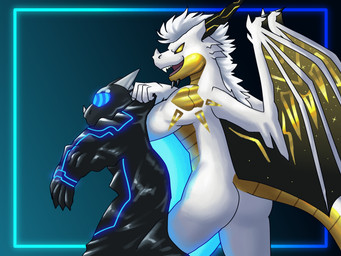 anthro black_body black_horn chin_spikes claws clothing dorsal_fin dorsal_frill drone dronesuit dronification ear_fins facial_horn facial_spikes fin frill_(anatomy) gold_body horn hypnotic_visor latex latex_clothing latex_skinsuit male multicolored_body nose_horn putting_on_suit skinsuit spikes spikes_(anatomy) spines tight_clothing white_body willing_transformation wings yellow_eyes haha-yea mythology negadrake sol_(drgnsol) dragon mythological_creature mythological_scalie scalie 2025 hi_res