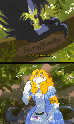 alternative_fashion ambiguous_gender anthro black_body black_fur clothed clothing dialogue duo feral forest fur j-fashion lolita_(fashion) male paws plant smile stripes sweet_lolita tail text tree white_body white_fur yellow_body yellow_fur tassy_(artist) alice_in_wonderland furaffinity alpha_(alphacrow) tass_(tassy) felid hybrid liger mammal mephitid pantherine skunk absurd_res comic english_text hi_res meme subtitled