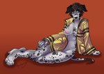 anthro big_breasts black_body black_fur black_hair black_spots breasts brown_eyes clothed clothing coat female fur hair markings nipples reclining skimpy solo spots spotted_body spotted_fur topwear white_body white_fur angrboda canid canine canis dalmatian domestic_dog mammal