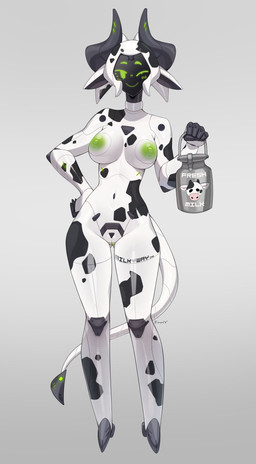 black_spots breasts butt container female genitals green_nipples green_vulva horn machine milk_container nipples nude one_eye_closed screen screen_face solo spots tail text text_on_body vulva white_body emmyliquid animal_humanoid bovid bovid_humanoid bovine bovine_humanoid cattle_humanoid humanoid mammal mammal_humanoid robot robot_humanoid hi_res