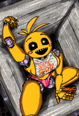 anthro bib blush blush_stickers breasts clothing crouching female in_vent inside looking_at_viewer machine open_mouth open_smile robot_joints segmented_body sharp_teeth shirtless_female side_boob smile solo teeth text thong underwear yellow_body kaiartis five_nights_at_freddy's five_nights_at_freddy's_2 scottgames toy_chica_(fnaf) animatronic avian bird chicken galliform phasianid robot robot_anthro 2024 absurd_res artist_name english_text hi_res