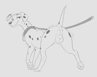 animal_genitalia animal_vulva anus big_vulva butt canine_genitalia canine_vulva collar feet female feral fur genitals leash paws rear_view smile solo spots tail toes vulva halbean 101_dalmatians disney perdita canid canine canis dalmatian domestic_dog mammal 2026 5:4 digital_drawing_(artwork) digital_media_(artwork) hi_res monochrome