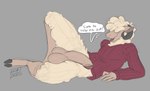 anthro balls big_balls big_penis bottomless bottomless_anthro bottomless_male bovid_horn caprine_horn clothed clothing cloven_hooves dialogue erection fur genitals glans hooves horn huge_balls huge_penis humanoid_genitalia humanoid_penis inviting male open_mouth penis ram_horn seductive simple_background solo sweater text tongue tongue_out topwear wool_(fur) wool_hair thatpotoo bovid caprine domestic_sheep mammal sheep english_text hi_res sketch
