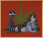 anthro blaze_(marking) bottomwear brown_eyes brown_hair clothing crop_top drugs facial_markings femboy fur grey_body grey_fur hair head_markings holding_object holding_weapon hooves hotpants legwear looking_at_viewer lying male marijuana markings on_front pattern_clothing pattern_legwear shirt shorts simple_background solo striped_clothing striped_legwear stripes thigh_highs topwear weapon pascalthepommie glock_19 dallas_prairiewind equid equine horse mammal hi_res