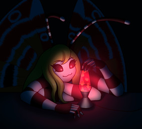 antennae_(anatomy) anthro black_eyes blonde_hair compound_eyes darkness dim_lighting female hair head_on_arms lamp lava_lamp looking_at_object red_light smile solo white_body wings edozebr arthropod butterfly insect lepidopteran hi_res