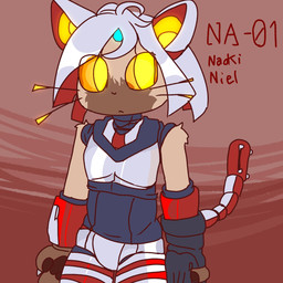anthro big_eyes black_clothing black_topwear brown_body brown_fur brown_pawpads claws closed_frown clothed clothing eye_through_hair featureless_chest featureless_crotch femboy finger_claws forehead_gem frown fur gem grey_body grey_hair hair looking_at_viewer machine male mouth_closed multicolored_body orange_sclera pawpads paws raised_tail red_background red_body simple_background solo standing tail tan_body tan_fur text topwear translucent translucent_hair whiskers yellow_eyes ikarapopsicle naoki_(ikarapopsicle) android felid mammal robot robot_anthro 1:1 2025 character_name digital_media_(artwork) flat_colors hi_res portrait three-quarter_portrait