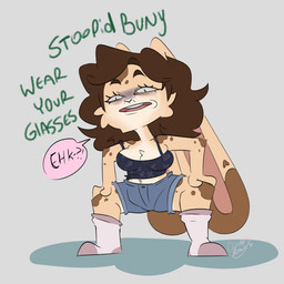 big_breasts big_ears black_clothing blind blue_clothing bottomwear breasts brown_body brown_eyebrows brown_fur brown_hair chest_tuft clothing crop_top crouching dialogue disability exclamation_point eyebrows eyelashes female footwear fur glare hair hands_on_knees hands_on_legs heart_(marking) heart_nose heart_symbol humor markings narrowed_eyes navel open_mouth pink_clothing pupils purple_clothing question_mark raised_eyebrows shadow shirt shorts simple_background small_pupils socks solo speech_bubble spots spotted_markings tan_body tan_fur teeth text thick_thighs tongue topwear tuft white_background white_body white_clothing white_fur doodlebunnyart doodlebunny_(doodlebunnyart) humanoid lagomorph leporid mammal rabbit 1:1 hi_res signature