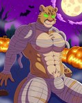 abs anthro biceps big_breasts big_bulge big_pecs big_shoulders body_hair breasts bright_eyes bulge butt cemetery chest_hair chest_tuft claws clothing cloud cosmic_background costume ear_piercing ear_ring fence fist fog foggy_background full_moon fur furry_ears grass green_eyes hair halloween_costume halloween_decoration head_tuft holidays jack-o'-lantern looking_at_viewer male markings mischievous mischievous_smile moon mostly_nude multicolored_tail mummy_costume mummy_wrappings muscular muscular_anthro muscular_male navel night nipples pecs piercing pink_nipples pink_nose plant pubes ring_piercing sky solo spiky_hair spots spotted_markings star starry_background starry_sky tail tan_body tan_fur triceps tuft whisker_markings whisker_spots yellow_body yellow_fur neruk halloween bat cougar felid feline mammal mummy undead 4:5 absurd_res hi_res