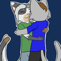 2_tails ambiguous/ambiguous ambiguous_gender anthro biped black_tail blue_clothing blue_shirt blue_topwear bottomwear brown_hair brown_tail_tip clothing dipstick_tail duo eyes_closed fur green_clothing green_shirt green_topwear grey_body grey_bottomwear grey_clothing grey_fur grey_hair grey_pants grey_tail hair hands_around_torso hug licking licking_mouth markings multi_tail outline pants rear_view shirt simple_background tail tail_markings tongue topwear transparent_background white_body white_fur white_hair white_outline white_tail mxij rin_kageruya_(mxij) tiberius_magnus domestic_cat felid feline felis mammal 1:1 2026 alpha_channel