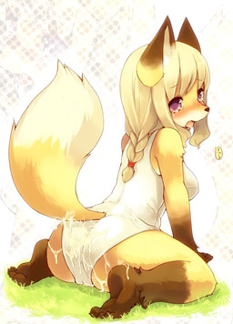 anthro barefoot biped blonde_hair blush bodily_fluids braided_hair butt camel_toe chibi clothing cum cum_on_butt cum_on_clothing feet female furgonomics genital_fluids grass hair hindpaw humanoid_feet kemono kneeling long_hair looking_at_viewer looking_back one-piece_swimsuit open_mouth outside pattern_background paws plant plantigrade purple_eyes raised_tail simple_background soles solo swimwear tail tail_clothing tears toes tongue tongue_out white_background kishibe canid canine fox mammal