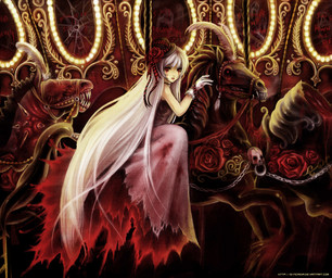 alternative_fashion ambiguous_gender amusement_ride blood bodily_fluids bone carousel chain clothed clothing decapitation dress eyeless fangs feathers female flower glass gloves gore goth group hair handwear harness hat headgear headwear hooves human_focus lights long_hair mirror nightmare_fuel not_furry_focus plant plant_motif red_eyes rose_(flower) sitting skull solo_focus spikes teeth text white_hair syncaidia bloodborne fromsoftware sony_corporation sony_interactive_entertainment demon equid equine horse human mammal monster red_theme url