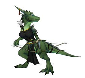 anthro armor arrow_(weapon) bare_shoulders blue_eyes bottomwear bow_(weapon) breasts claws clothed clothing dagger fangs female gauntlets gloves green_body green_scales handwear holding_object holding_weapon horn knife loincloth looking_back melee_weapon non-mammal_breasts pauldron quiver_(object) ranged_weapon ribbons scales simple_background solo spots tail teeth toe_claws weapon tomek1000 kobold scalie hi_res