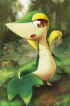 ambiguous_gender detailed_background feral forest generation_5_pokemon grass nature nintendo open_mouth outside plant pokemon pokemon_(species) reptile scalie snake snivy solo takamiclaire tree