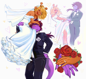 anthro antlers blonde_hair blush bouqet brown_hair clothing dancing digit_ring dress duo female female/female flower hair heart_symbol horn jewelry plant ring rose_(flower) suit wedding wedding_dress wedding_ring tanoshiboo deltarune undertale_(series) noelle_holiday susie_(deltarune) deer dinosaur mammal prehistoric_species reptile scalie hi_res