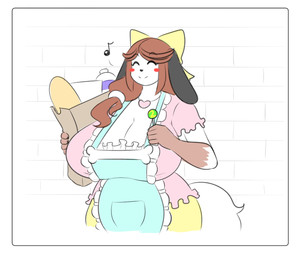 accessory anthro apron big_breasts blush blush_stickers border bow_ribbon breasts brown_hair candy centered_hair_bow cleavage closed_smile clothed clothed_anthro clothed_female clothing dessert eyebrow_through_hair eyebrows eyes_closed female food frilly frilly_clothing gloves_(marking) hair hair_accessory hair_bow hair_ribbon huge_breasts lollipop markings mouth_closed musical_note musical_symbol pink_clothing pink_topwear ribbons shopping_bag smile solo symbol tail topwear translucent translucent_hair white_border yellow_hair_bow theycallhimcake holly_applebee canid canine canis domestic_dog mammal 2016 digital_drawing_(artwork) digital_media_(artwork) english_description