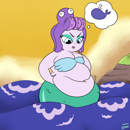 blue_eyes bra breasts cleavage clothed clothing eyeshadow fat_folds female frustrated green_body green_scales makeup navel overweight overweight_female scales sea seashell_bra sky solo split_form thought_bubble underwear water wide_hips yellow_sky superspoe cuphead_(game) studio_mdhr cala_maria ambient_whale aquatic cephalopod coleoid humanoid_merfolk merfolk mollusk octopodiform octopus 1:1 2016 absurd_res hi_res