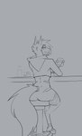 alcohol andromorph anthro bar_stool beverage butt clothing crop_top cropped_hoodie exhibitionism eyeshadow furniture intersex makeup male public public_exposure public_nudity shirt solo stool topwear wide_hips topazknight haan_(character) equid equine mammal zebra absurd_res hi_res monochrome sketch