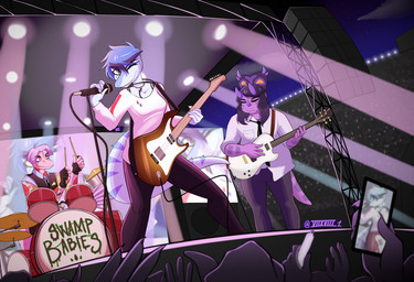 3_horns 5_fingers anthro arm_tattoo bass_guitar black_clothing black_gloves black_handwear blue_body blue_hair blue_highlights blue_scales body_tattoo cellphone chain_necklace claws clothing concert concert_stage crossgender crowd drum drum_set electric_guitar electronics eyes_closed facial_hair facial_horn feathered_tail feathers female finger_claws fingerless_gloves fingers frill_(anatomy) gloves glowstick grey_eyes group guitar hair handwear highlights_(coloring) horn jewelry long_hair long_sleeve_shirt long_tail male microphone microphone_stand mtf_crossgender multi_horn multicolored_hair musical_instrument mustache necklace necktie nose_horn on_stage one_eye_closed percussion_instrument phone pink_body pink_feathers pink_hair pink_scales playing_guitar playing_music plucked_string_instrument purple_body purple_hair purple_scales red_eyes scales smartphone smile spiked_tail spikes spikes_(anatomy) string_instrument tail tail_tuft tattoo text tuft two_tone_hair seven_(artist) goodbye_volcano_high ko_op_(game_developer) curtis_(gvh) nick_(gvh) trent_(gvh) atrociraptor baryonyx ceratopsian ceratopsid chasmosaurine chasmosaurus dinosaur dromaeosaurid feathered_dinosaur feathered_scalie marginocephalian ornithischian prehistoric_species reptile saurischian scalie spinosaurid theropod 2025 absurd_res artist_name hi_res watermark