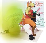 anthro anus bottomless bottomless_female butt butt_stack clothed clothing duo fart fart_fetish farting_contest female female/female female_farting genitals pussy smelly tomboy daukus jenna_(daukus) rory_(mloobis) canid canine fox lagomorph leporid mammal rabbit hi_res