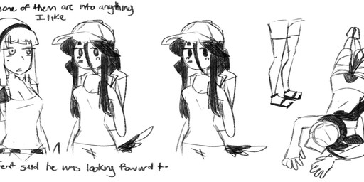 accessory anthro backpack belt bottomwear breasts cleavage clothed clothing dialogue dipstick_tail duo eyelashes female fingerless_gloves footwear gloves hair hair_accessory hairband handwear hat headgear headwear long_hair looking_at_another lying markings mole_(marking) no_pupils on_front open_mouth pants raised_arm sandals shirt shoes shorts simple_background speech_bubble tail tail_markings tank_top text topwear unconscious white_background thighlordash bridgette_(thighlordash) canid canine canis domestic_dog human hunting_dog mammal terrier english_text monochrome