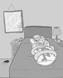 bed bedroom bodily_fluids body_pillow bra calendar chair clock closet clothing coiling cuddling d4 d6 d8 dakimakura dakimakura_pillow detailed_background dice digital_clock dresser drooling duo electronics eyewear female freckles furniture glasses humor lamp male male/female messy_room mirror nerd number office_chair pillow saliva shirt sleeping snake_hood solo tank_top time toony topwear underwear wrapped wrapped_tail wrapped_up happy_harvey anon humanoid reptile scalie snake greyscale hi_res monochrome
