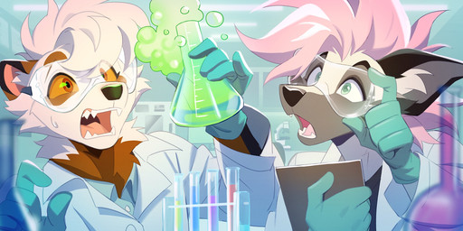 ambiguous_gender anthro chemistry clipboard clothing coat detailed_background duo erlenmeyer_flask eyewear goggles hair inner_ear_fluff lab_coat laboratory laboratory_equipment laboratory_glassware open_mouth safety_goggles scientific_experiment scientific_instrument sharp_teeth teeth test_tube topwear tuft white_hair jeniak chise_(sailorrooscout) gulonine hyena mammal marten mustelid musteline pine_marten 2:1 character_request digital_drawing_(artwork) digital_media_(artwork) hi_res