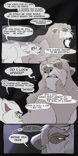 dialogue duo eye_contact female feral fur looking_at_another male mane open_mouth scar speech_bubble standing teeth text tongue toony yellow_sclera drmax felid lion mammal pantherine 2026 absurd_res comic digital_drawing_(artwork) digital_media_(artwork) english_text hi_res