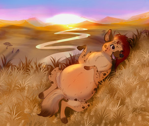 3_toes ambiguous_feral ambiguous_gender belly big_belly black_nose blue_sky brown_body brown_fur brown_spots brown_tail chest_tuft clear_sky evening eyebrows eyelashes fangs feet female female_feral feral fluffy fluffy_tail fur grass group hair light long_neck lying lying_on_ground markings medium_hair mountain_range multicolored_body multicolored_fur multicolored_tail on_back on_ground open_mouth open_smile outside paws pink_tongue plant pregnant pregnant_female pregnant_feral quadruped red_eyebrows red_eyes red_hair river sky smile solo_focus spots spotted_body spotted_fur standing sun sunset tail teeth toes tongue tree trio tuft black_kitty dixie_hyena hyena mammal spotted_hyena 2022 colored digital_drawing_(artwork) digital_media_(artwork) english_description lighting shaded