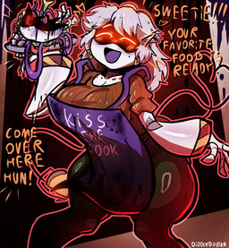 accessory aged_up ambiguous_fluids apron big_breasts big_butt blade blood blood_stain blush blush_lines bodily_fluids bottomwear breasts brown_clothing brown_sweater brown_topwear butt clothing container corpse denim denim_bottomwear denim_clothing ear_piercing ear_ring exclamation_point eyes_closed female food gesture glass glass_container glowing glowing_eyes grey_hair hair hazard_stripes headband holding_food holding_object holding_plate hoop_ear_ring huge_breasts huge_butt jeans kiss_the_cook knife machine markings mature_female mole_(marking) mole_under_eye mommy_kink oil oil_stain open_mouth open_smile orange_text pants pasta piercing ring_piercing severed_body_part severed_head short_hair simple_background smile solo spaghetti stain stained_clothing stinger stinger_tail stripes sweater tail tail_gesture tail_heart text thick_thighs topwear weapon weapon_tail white_body white_hair wide_hips wire yellow_eyes diddlydooter1 glitch_productions murder_drones v_(murder_drones) disassembly_drone humanoid robot robot_humanoid artist_name digital_drawing_(artwork) digital_media_(artwork) hi_res signature