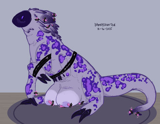 arms_bent arms_tied bdsm big_breasts big_nipples bodily_fluids bondage bound breasts claws egg_vibrator fantasy female forked_tail latex multi_arm multi_limb nipples purple_eyes sex_toy simple_background solo spots tail tape tape_bondage unusual_anatomy unusual_tail vibrating vibrator vibrator_on_clitoris vibrator_on_ears vibrator_on_feet vibrator_on_horn vibrator_on_nipple vibrator_on_tail damnycounter ambiguous_species absurd_res hi_res