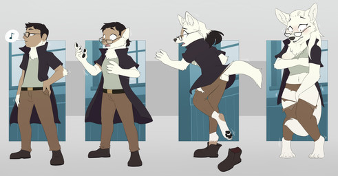 anthro belt black_clothing black_hair black_jacket black_topwear bottomwear breast_growth breasts brown_bottomwear brown_clothing brown_pants clothing covering covering_breasts covering_crotch digitigrade eyewear female footwear forced forced_transformation fur gender_transformation glasses growth hair huma human_to_anthro jacket looking_down male mtf_transformation musical_note musical_symbol open_mouth pants shirt shoes simple_background solo species_transformation standing symbol tail tail_growth topwear torn_clothing transformation white_body white_fur white_hair fauvfox deiser talu_lupus canid canine canis human mammal wolf 2023 absurd_res digital_media_(artwork) hi_res sequence