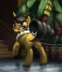 banana brown_body brown_fur cutie_mark female feral food fruit fur hair looking_at_viewer looking_back plant purple_eyes solo stairs tree bakuel friendship_is_magic hasbro my_little_pony cleopatra_jazz_(mlp) earth_pony equid equine horse mammal pony 2016