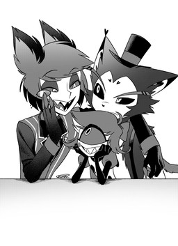 1_eye anthro antlers clothed clothing eyewear female group hat headgear headwear horn male monocle simple_background trio white_background enaic31 hazbin_hotel hellaverse alastor_(hazbin_hotel) husk_(hazbin_hotel) niffty_(hazbin_hotel) animal_humanoid cyclops deer deer_humanoid demon demon_humanoid domestic_cat felid feline felis humanoid mammal mammal_humanoid absurd_res hi_res monochrome