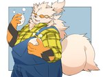 anthro anthrofied black_nose clothing eyes_closed humanoid_hands kemono male overalls overweight overweight_male shirt simple_background solo topwear inunoshippo nintendo pokemon arcanine generation_1_pokemon pokemon_(species) 2024 4:3 hi_res