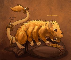 accessory ambiguous_gender brown_eyes coin coin_in_mouth coin_pouch eating eating_coin feral fur furgonomics glistening glistening_body gold_(metal) gold_coin multi_limb solo speckled_body tail tail_accessory tail_ornament text yellow_body yellow_fur pankallisti dungeons_and_dragons hasbro wizards_of_the_coast aurumvorax hybrid mammal murid murine rat rodent english_text hi_res