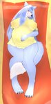 anthro beach belly big_belly big_breasts blue_body blue_fur breasts canid canine canis clothed clothing doofwuff dress female fur green_eyes hand_on_belly hi_res kori_(disambiguation) lying mammal monotone_clothing monotone_dress multicolored_towel on_back pregnant pregnant_anthro pregnant_female red_towel sand seaside smile solo towel two_tone_towel wolf yellow_clothing yellow_dress