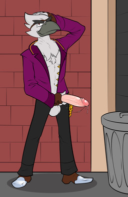 alley anthro balls beak bodily_fluids chain chain_accessory city city_background clothing exposed_chest eye_patch eyewear feathered_crest feathers genital_fluids genitals gold_(metal) gold_chain head_crest humanoid_genitalia humanoid_penis inviting jacket leaking_precum male non-mammal_balls penis precum precum_string public solo topwear doost brawl_stars supercell_(company) crow_(brawl_stars) avian bird corvid corvus_(genus) crow oscine passerine hi_res