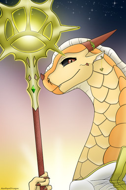 female feral glowing holding_object horn night priest sky solo staff sun teeth apollyondragon mythology wings_of_fire blaze_(wof) dragon mythological_creature mythological_scalie sandwing_(wof) scalie 2023 2:3 bust_portrait digital_drawing_(artwork) digital_media_(artwork) hi_res portrait signature