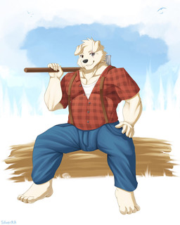 anthro axe bottomwear clothing eye_scar facial_scar flannel_shirt looking_at_viewer male pants scar sitting smile solo silverra canid canine canis domestic_dog mammal hi_res