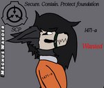 anthro black_body black_hair black_sclera clothing female hair orange_clothing orange_suit prison_uniform restraints side_view simple_background solo suit text magnuswander unknown_artist scp_foundation scp-1471-a english_text