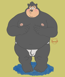 anthro belly black_body blush bulge clothing detailed_bulge genital_outline humanoid_hands male moobs nipples overweight overweight_anthro overweight_male penis_outline simple_background solo underwear bennybeah disney goof_troop pj_(goof_troop) felid feline mammal 2015