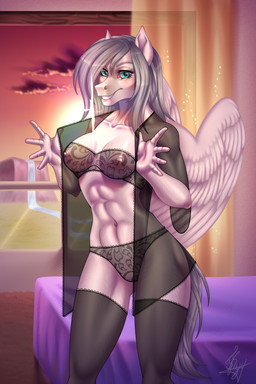 anthro bed bedroom bra breasts clothing female furniture genitals inside lace_bra lace_panties lace_underwear looking_at_viewer navel nipples open_mouth open_smile panties presenting smile smiling_at_viewer solo sunset translucent translucent_bra translucent_clothing translucent_panties translucent_underwear underwear vulva window wings owlynx hasbro my_little_pony mythology fan_character equid equine mammal mythological_creature mythological_equine pegasus 2:3 absurd_res hi_res