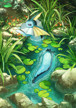 ambiguous_gender blue_body feral flower grass lily_pad partially_submerged paws plant purple_eyes rock solo tail water kuchiba nintendo pokemon eeveelution generation_1_pokemon pokemon_(species) vaporeon 2025 hi_res